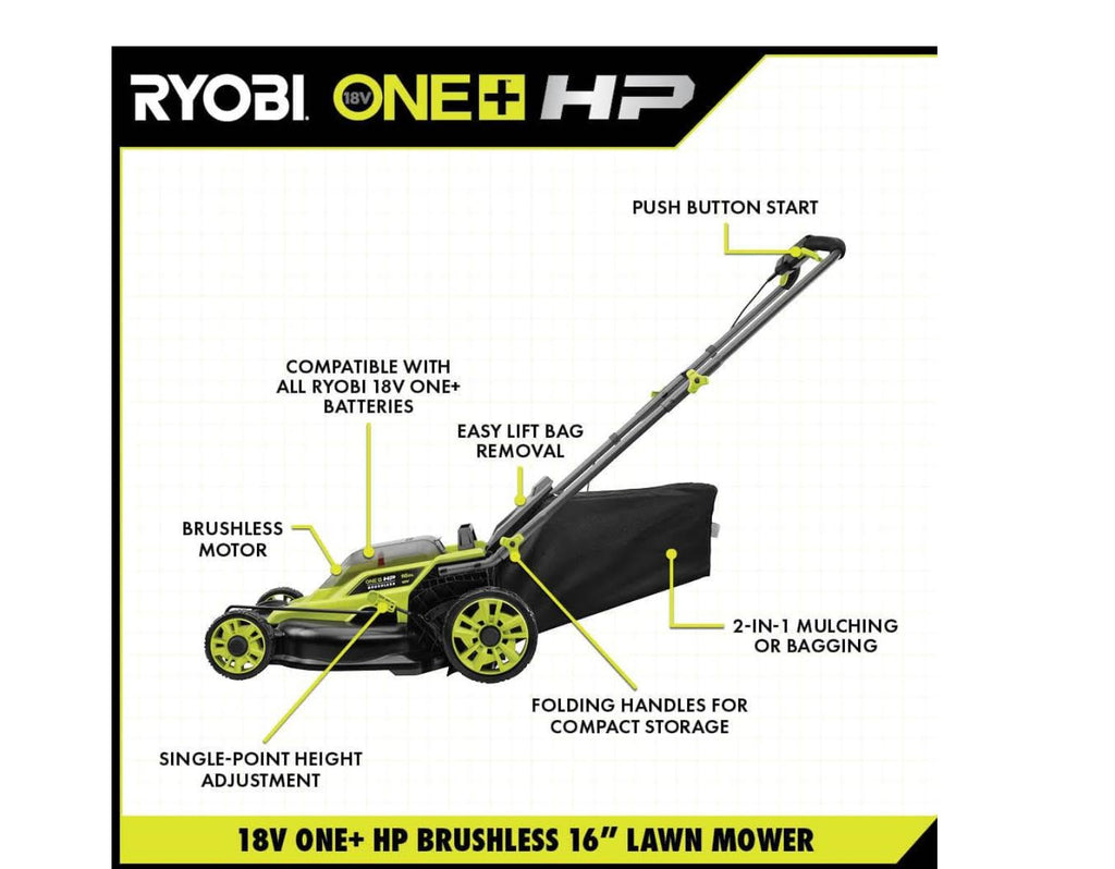 Ryobi P1109BTLVNM ONE+ HP 18V Brushless 16 in. Cordless Battery Walk Behind Push Lawn Mower (Tool Only)