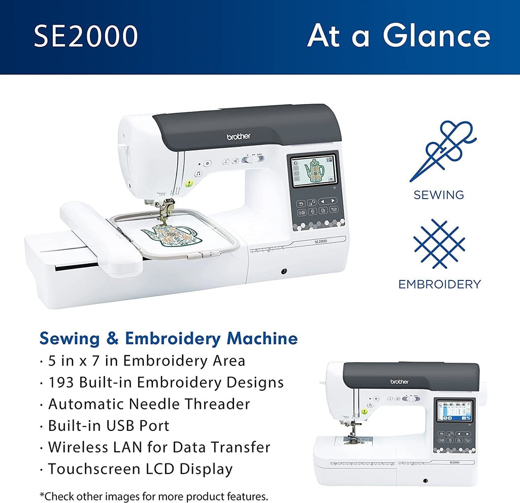 SE2000 Computerized Sewing and Embroidery Machine, Wireless LAN, 193 Built-In + 50 Bonus Downloadable Embroidery Designs, 241 Built-In Stitches, 5" X 7" Hoop Area, 3.7" LCD Touchscreen Display