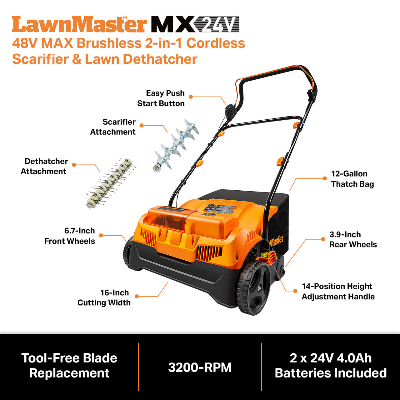 LawnMaster 48V MAX Brushless 16-Inch Cordless Scarifier & Dethatcher, CLGVB4816