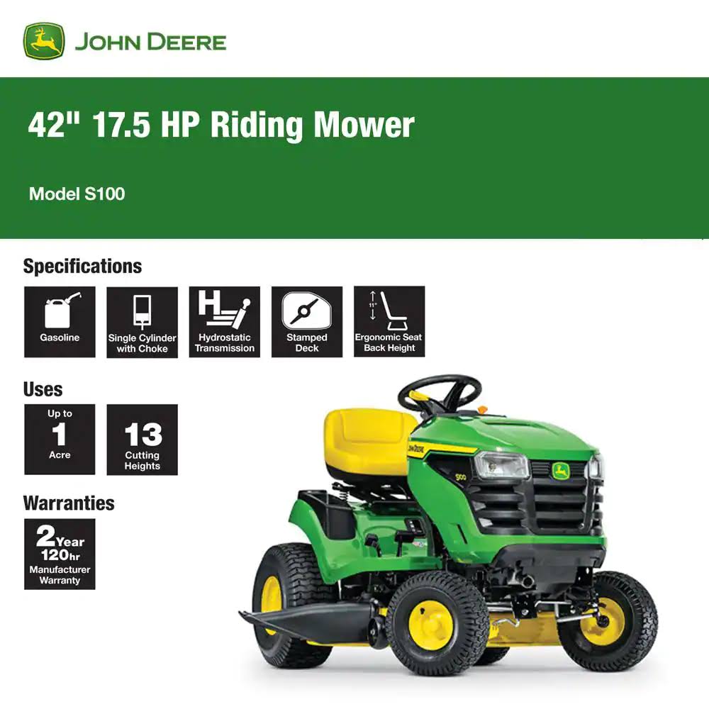 John Deere S100 42 in. 17.5 HP GAS Hydrostatic Riding Lawn Tractor