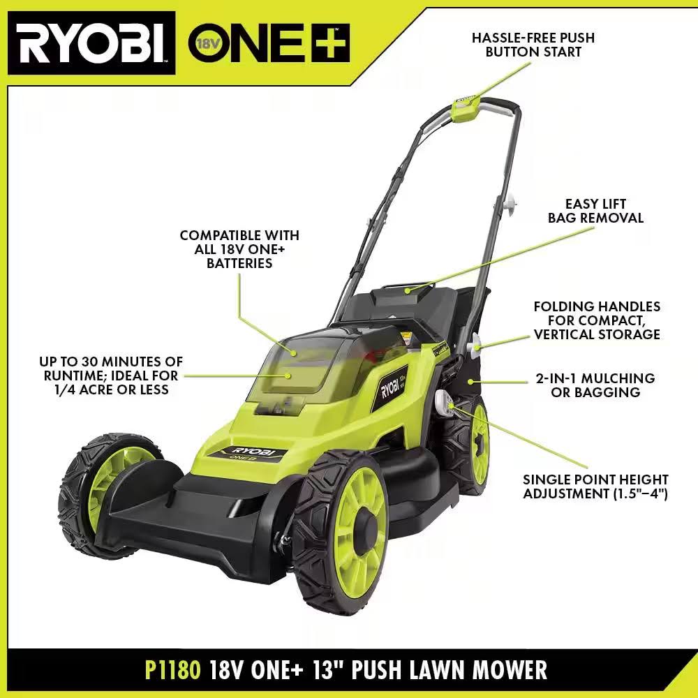 Ryobi ONE+ 18V 13 in. Cordless Battery Walk Behind Push Lawn Mower with 4.0 Ah Battery and Charger