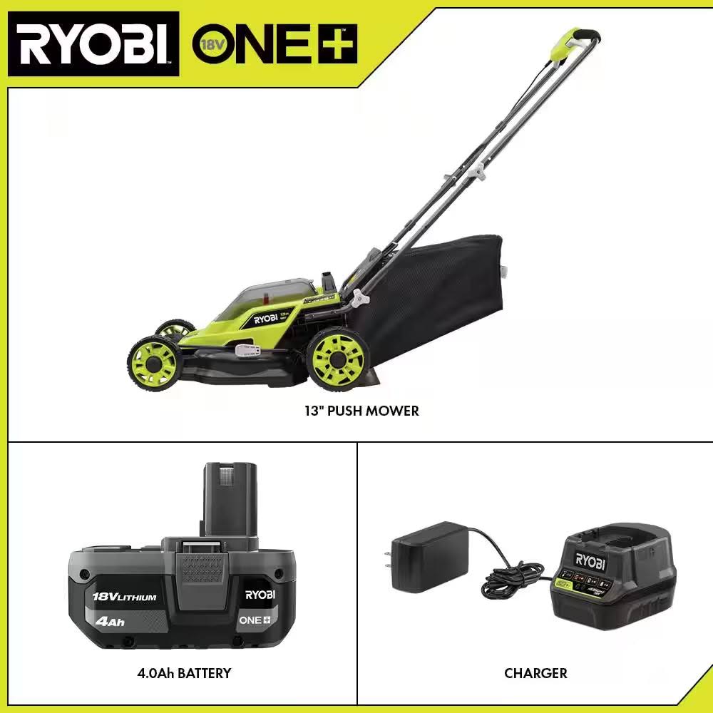 Ryobi ONE+ 18V 13 in. Cordless Battery Walk Behind Push Lawn Mower with 4.0 Ah Battery and Charger
