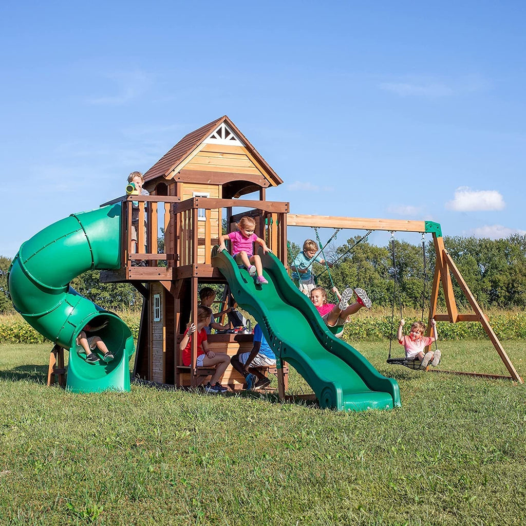 , Cedar Cove Wood Swing Set, Playground Fort, Chalkboard, Telescope, Dual Slide, Kitchenette, Wide Swing Lanes, 5Ft Rock Wall, Step Ladder