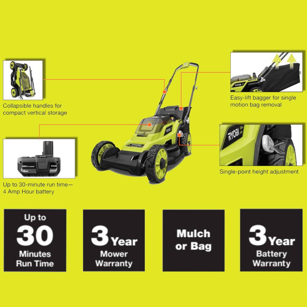Ryobi ONE+ 18V 13 in. Cordless Battery Walk Behind Push Lawn Mower with 4.0 Ah Battery and Charger