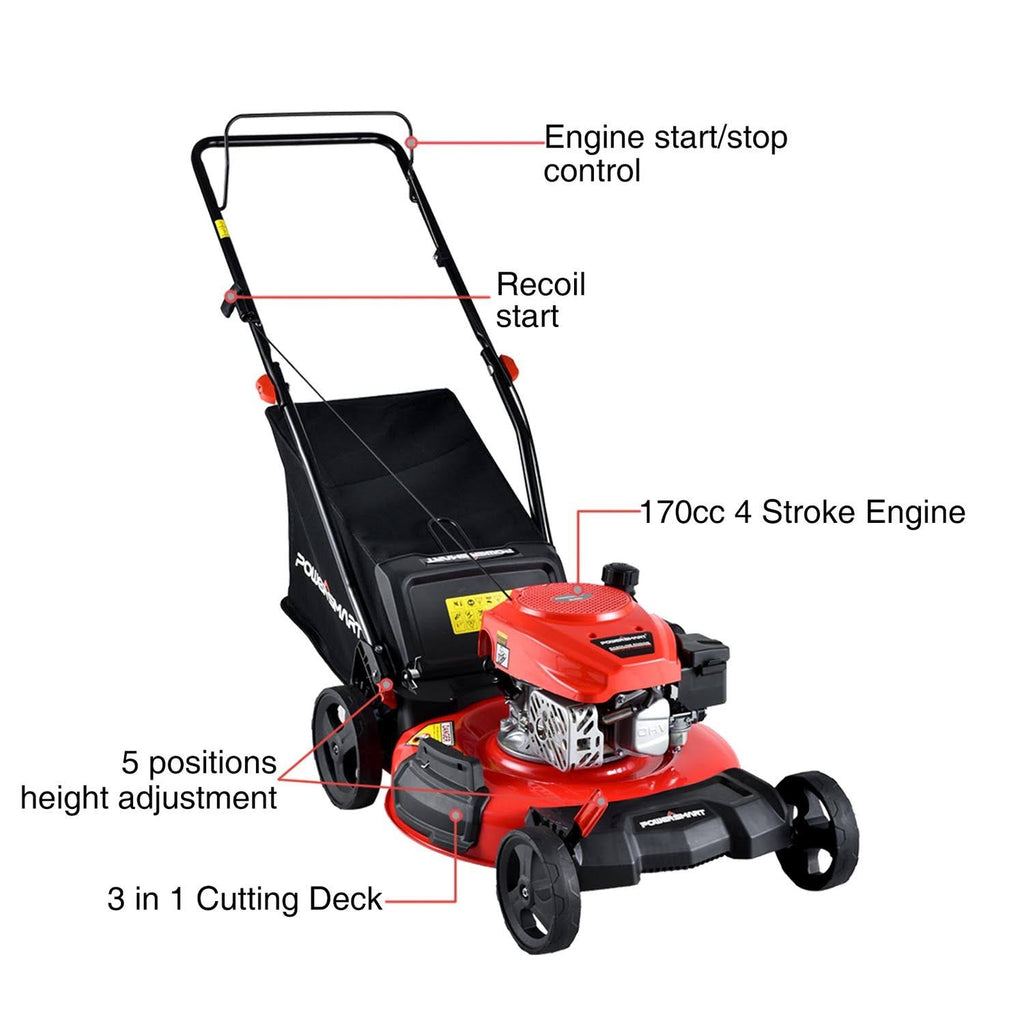 PowerSmart DB2194PR 21" 3-in-1 GAS Push Lawn Mower 170cc with Steel Deck