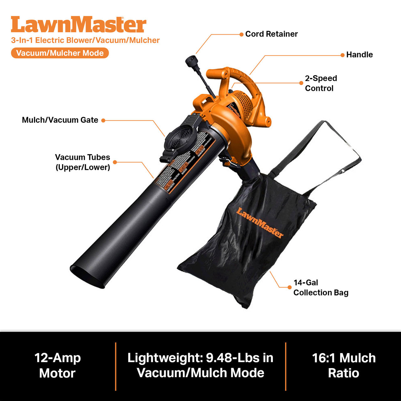 LawnMaster 3-in-1 Electric Blower / Vacuum / Mulcher