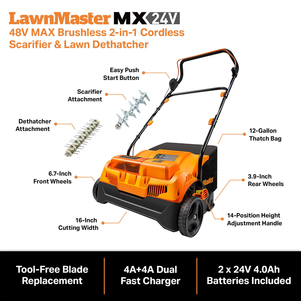 LawnMaster 48V MAX Brushless 16” Cordless Scarifier & Dethatcher