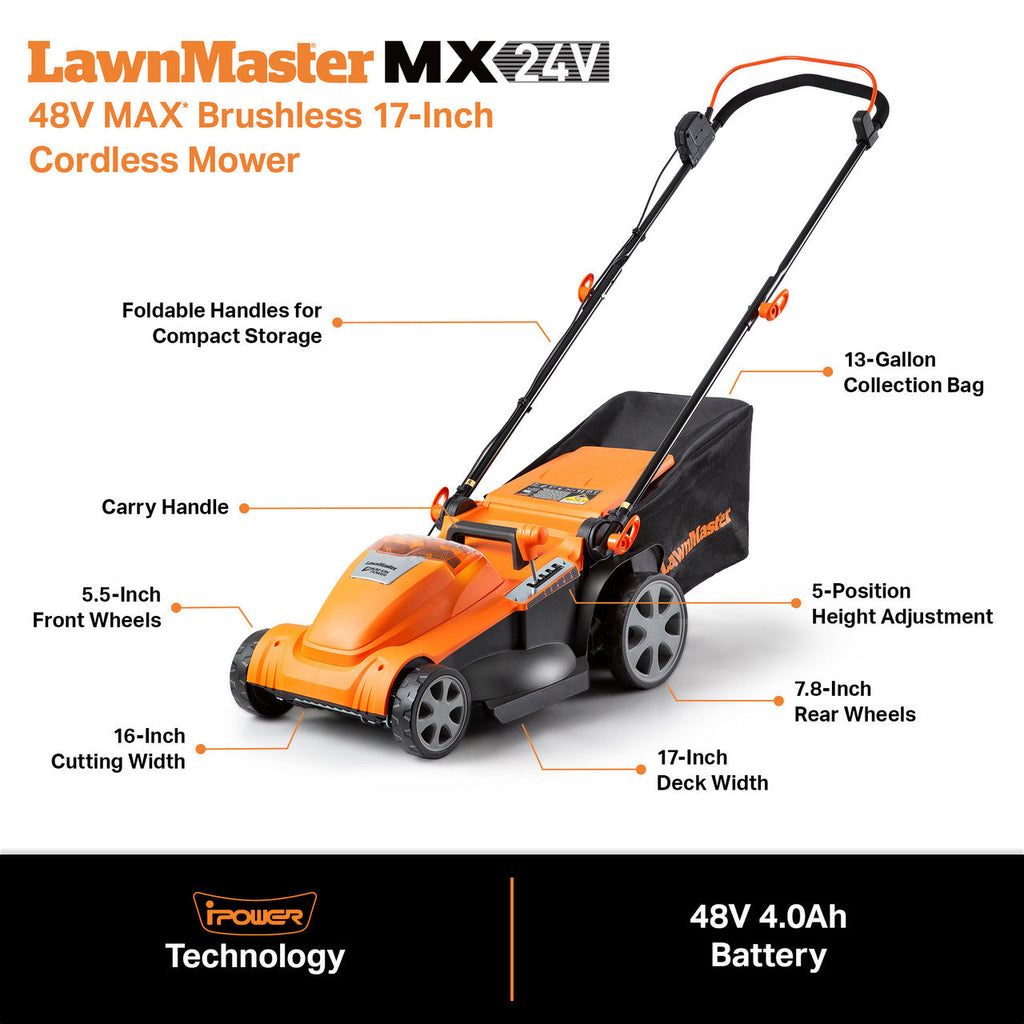 LawnMaster 48V MAX Brushless 17” Cordless Lawn Mower, CLMF4817E