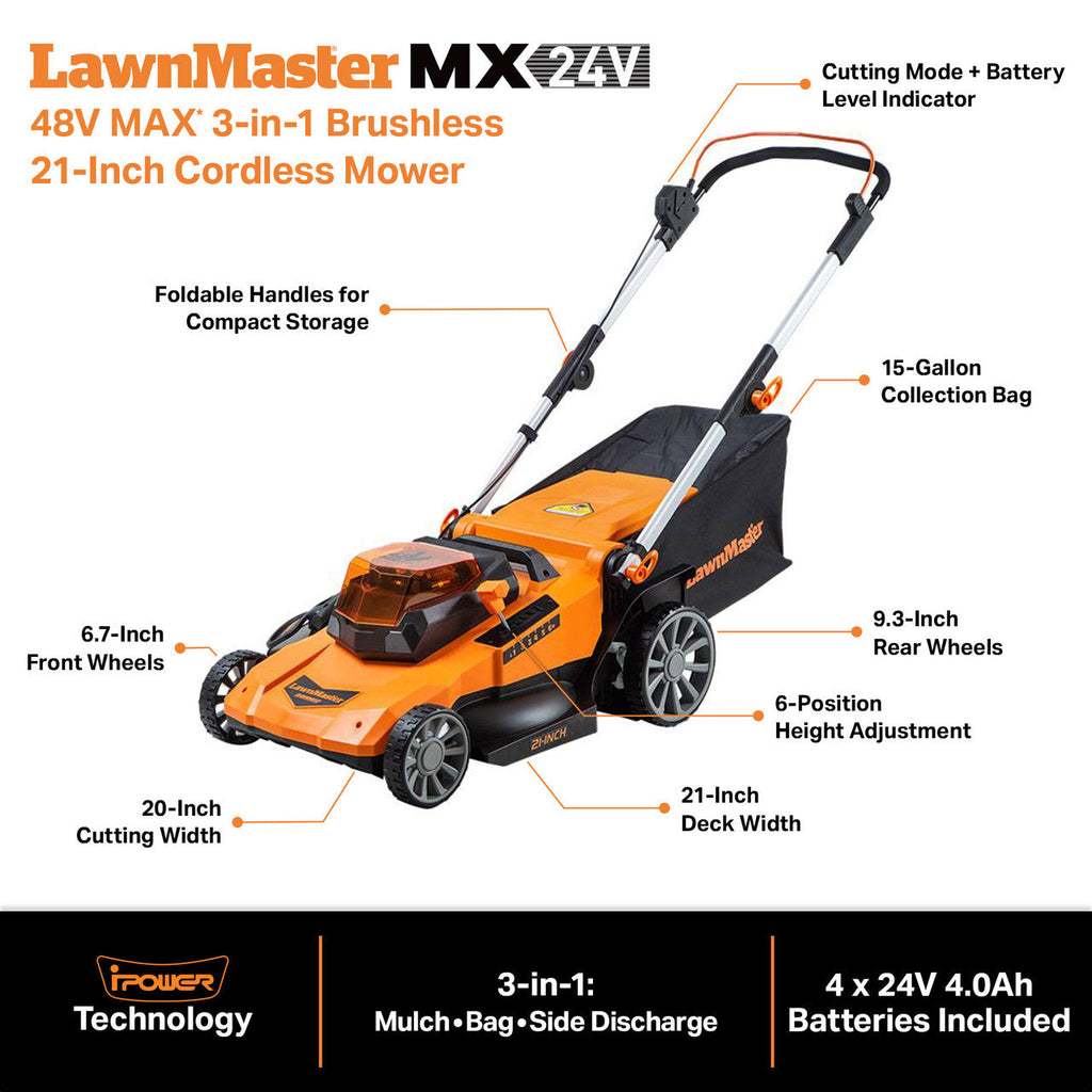 LawnMaster 48V MAX 3-in-1 Brushless 21” Cordless Lawn Mower, CLMF4821A