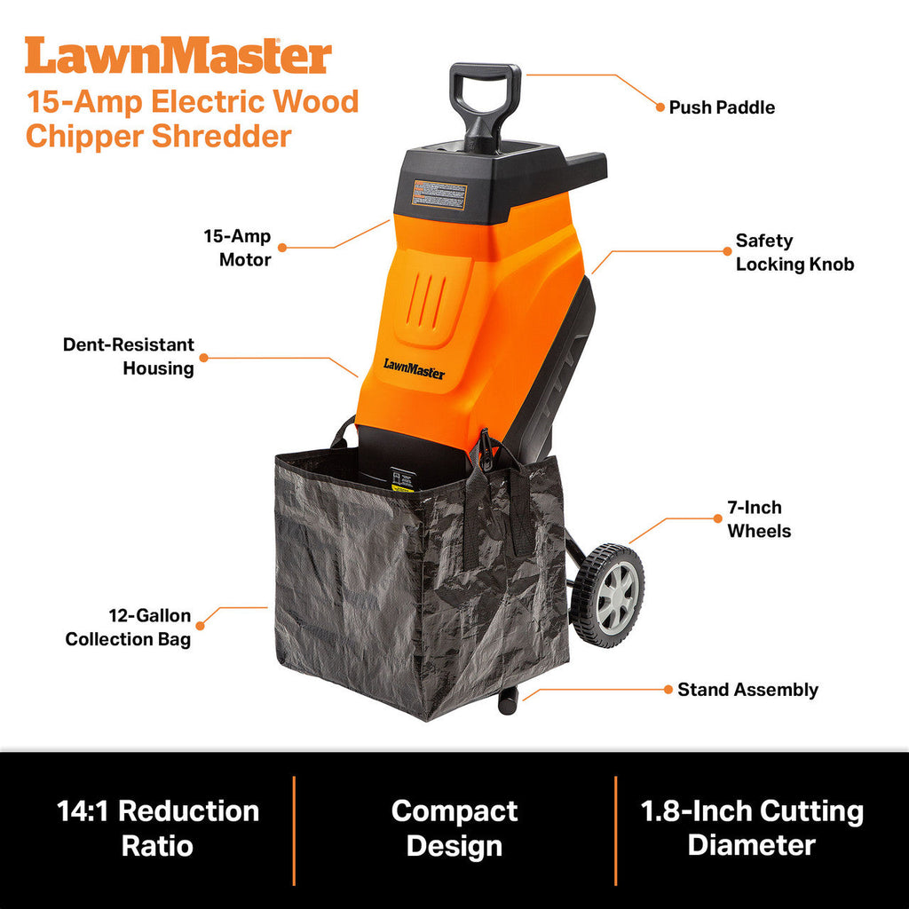 LawnMaster 15 Amp Electric Wood Chipper Shredder, FD1503