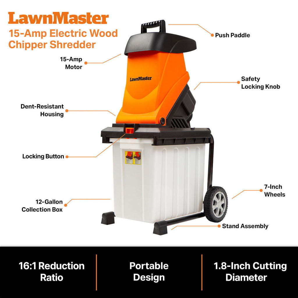 LawnMaster 15 Amp Electric Wood Chipper Shredder w/ Collection Bin, FD1504