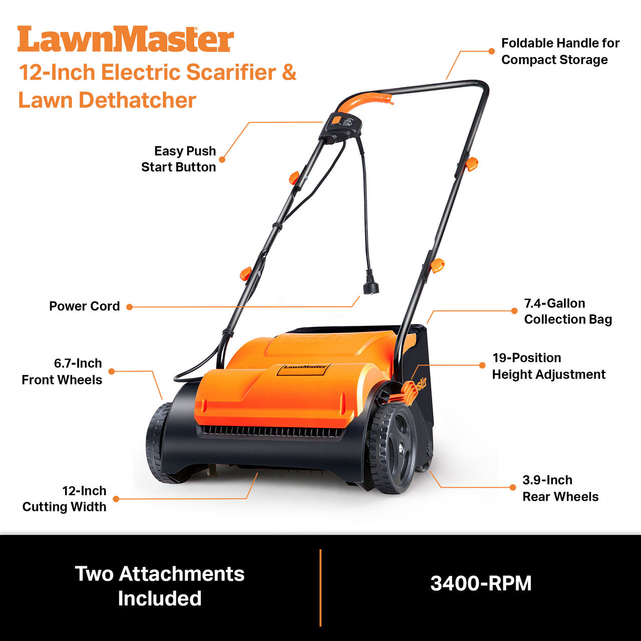 LawnMaster 12” Electric Scarifier & Lawn Dethatcher, GV1212B
