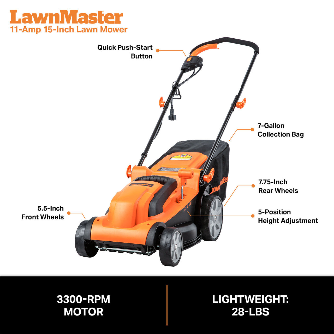 LawnMaster 11 Amp 15-inch Electric Lawn Mower, MEB1114K