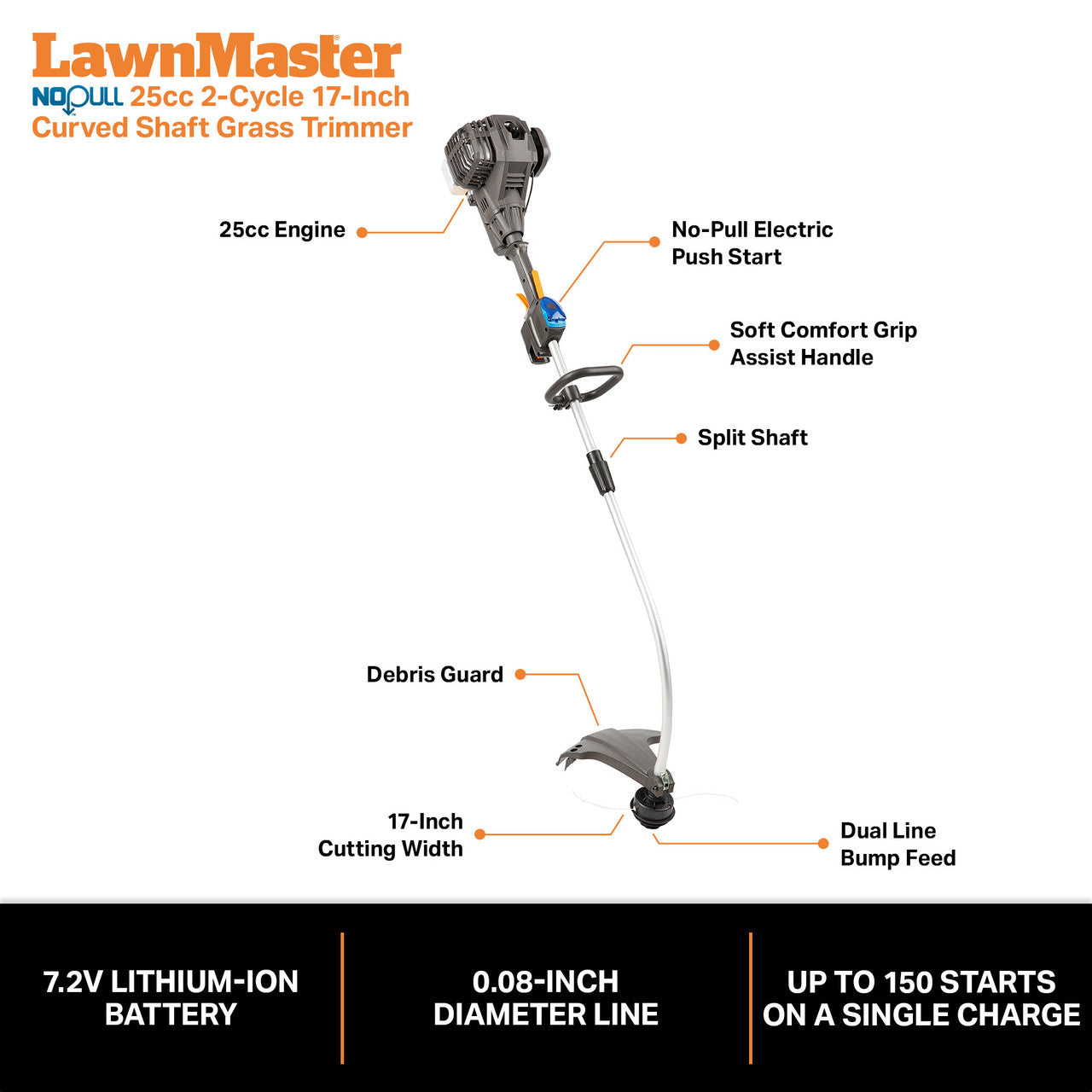 LawnMaster No-Pull™ 25cc 2-Cycle Curved Split Shaft Grass Trimmer, NPTGCP2517B