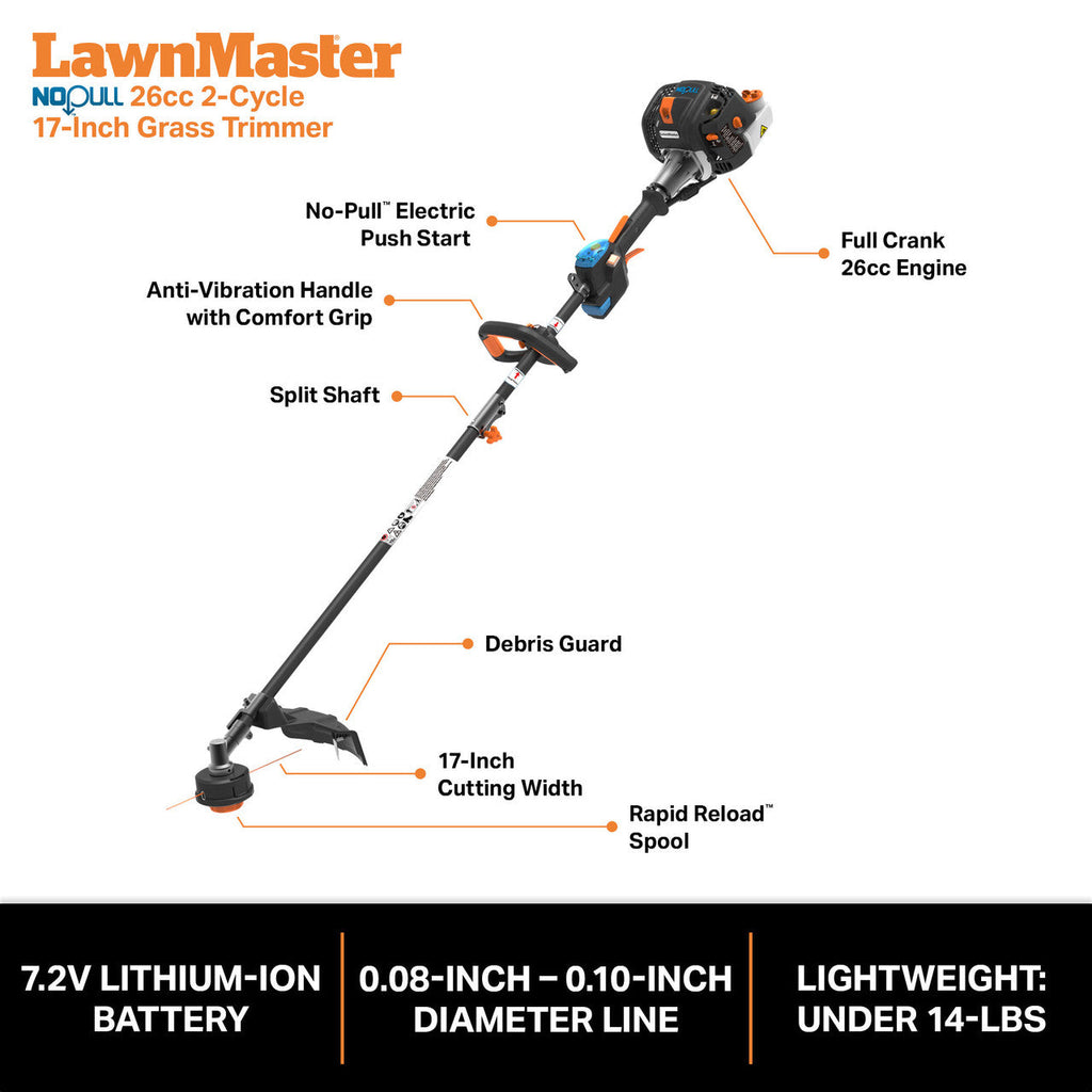 LawnMaster No-Pull™ 26cc 2-Cycle Straight Split Shaft Grass Trimmer, NPTGSP2617A