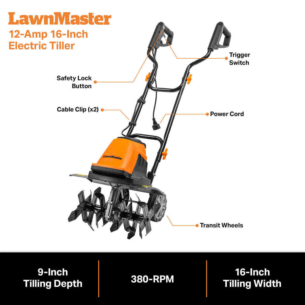 LawnMaster 12-Amp 16” Electric Tiller, TE1216M