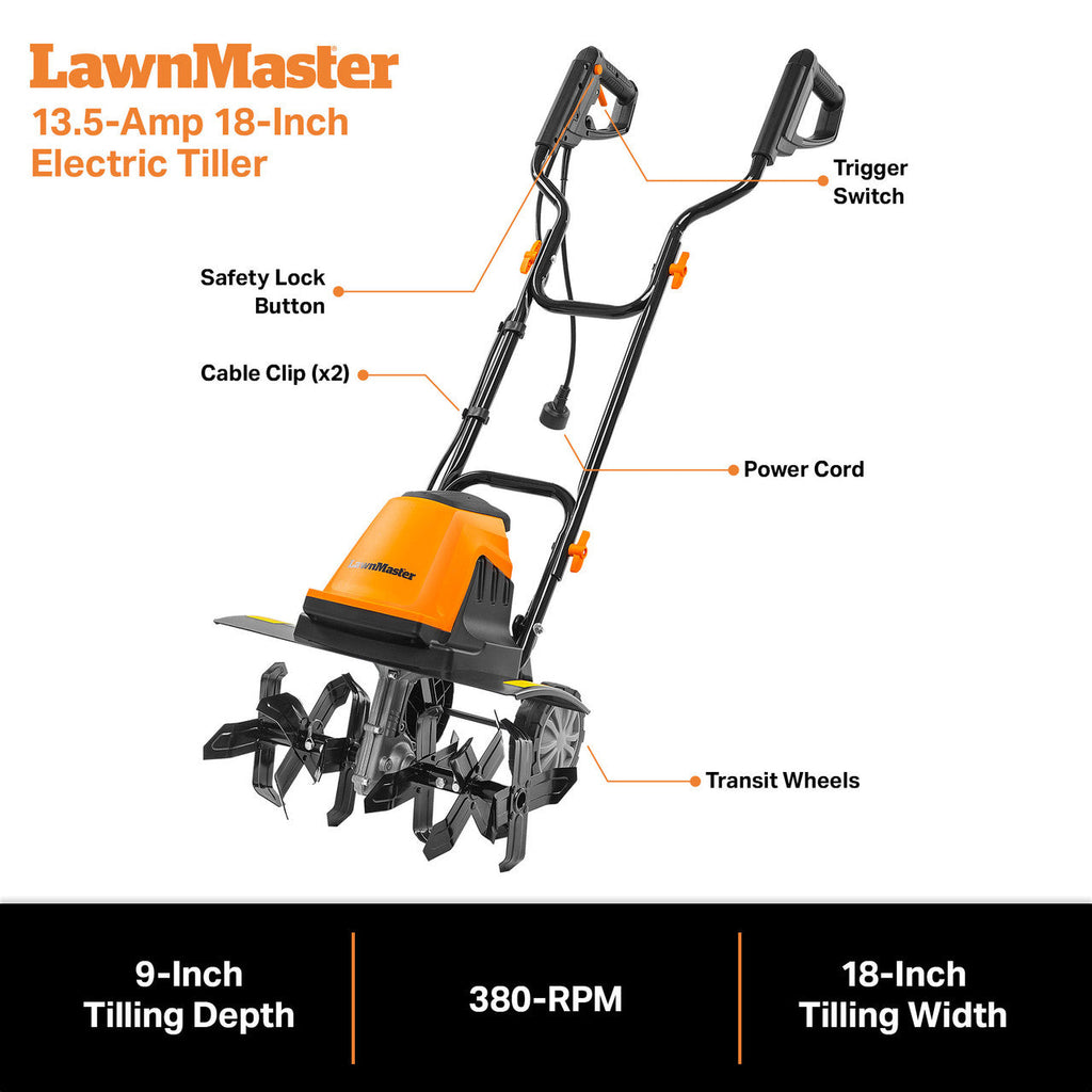 LawnMaster 13.5-Amp 18” 380RPM  Electric Tiller, TE1318M