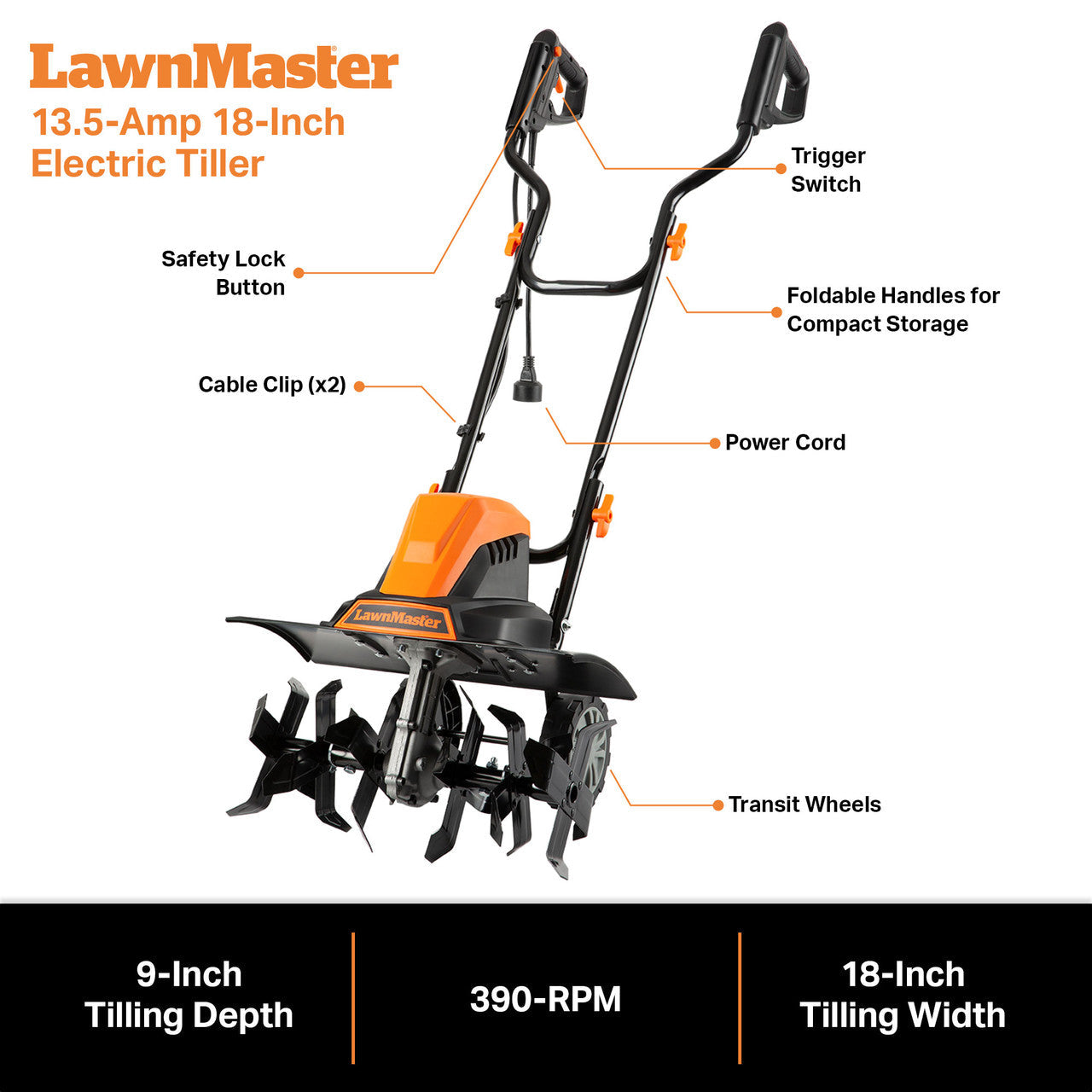 LawnMaster 13.5 Amp 18” Electric Tiller, TE1318W1