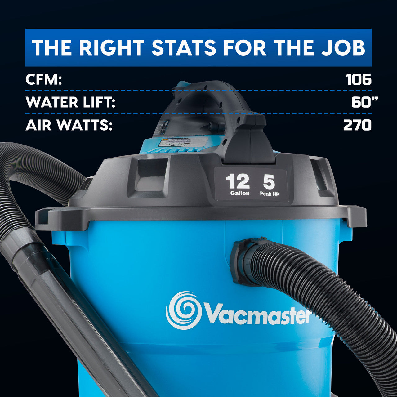 Vacmaster 12-Gallon* 5 Peak HP† Wet/Dry Vacuum with Detachable Blower, VBV1210