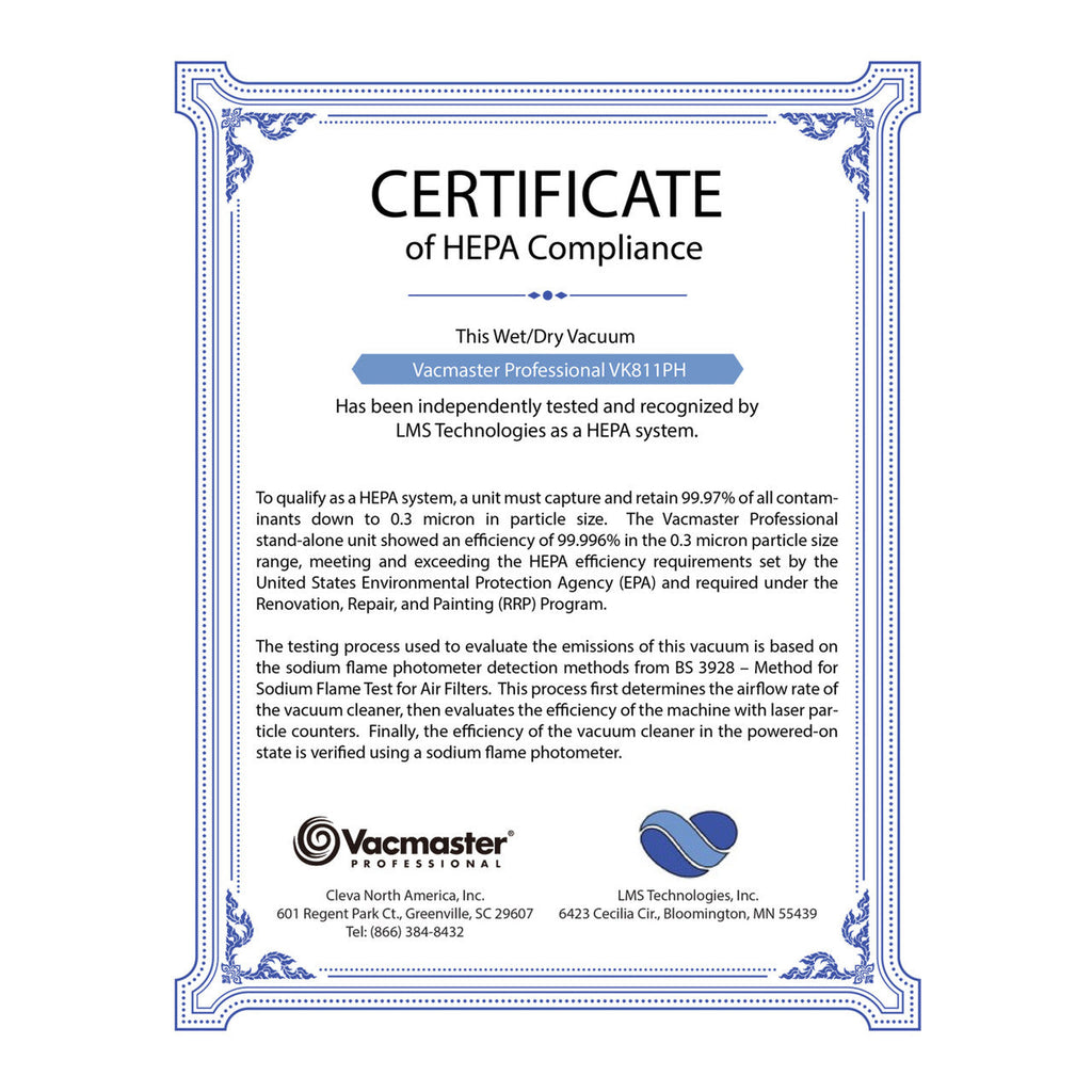 Vacmaster Professional 8-Gallon* HEPA Certified Wet/Dry Vacuum, VK811PH