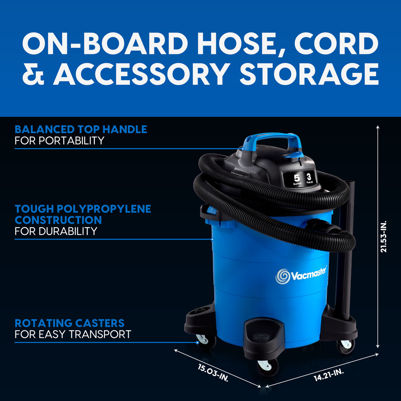 Vacmaster 5-Gallon* 3 Peak HP Wet/Dry Vacuum, VOC507PF 0101