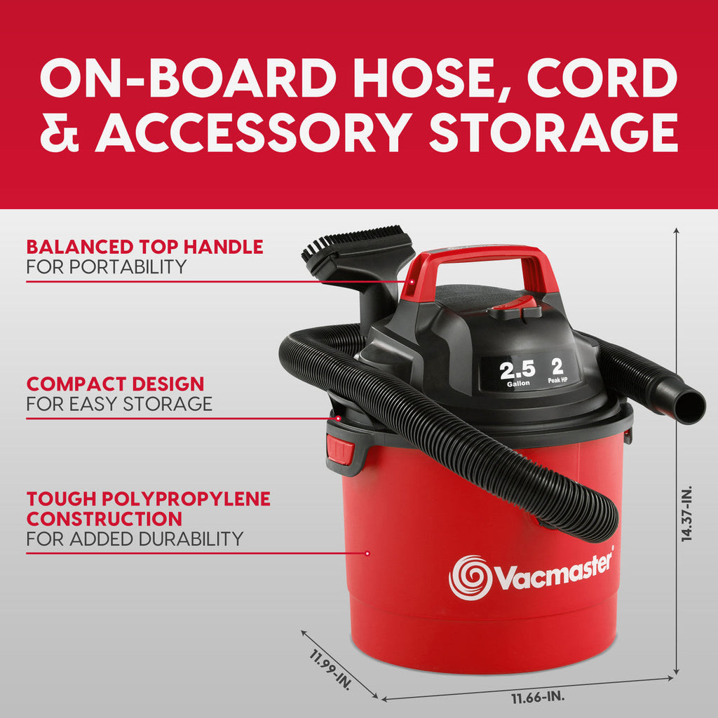 Vacmaster 2.5-Gallon* 2 Peak HP Wall Mountable Wet/Dry Vacuum – VOM205P 1101