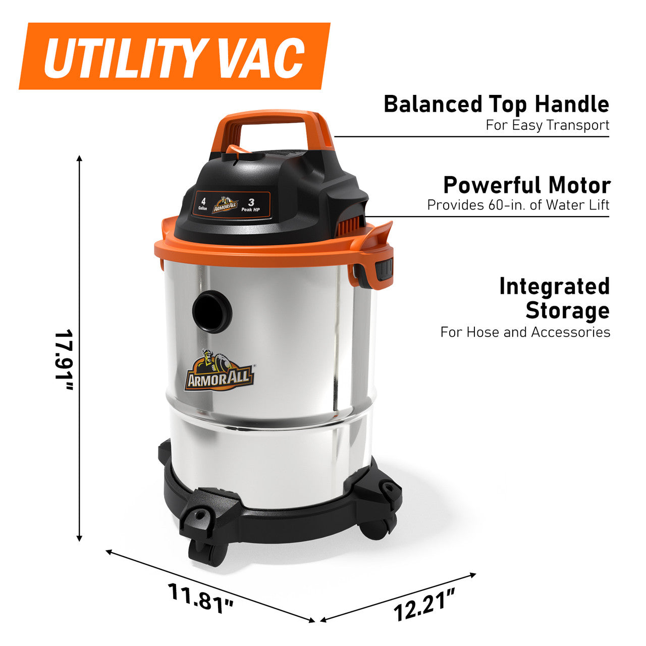 Armor All 4-Gallon 3 Peak HP Stainless Steel Wet/Dry Vacuum, VO408S 0901