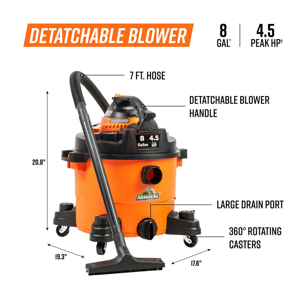 Armor All 8-Gallon 4.5 Peak HP Wet/Dry Car Vac with Detachable Blower, VBV809PF 0901