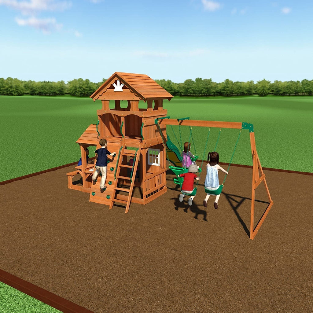 Backyard Discovery Shenandoah All Cedar Wooden Playset Swing Set with 2 Belt Swings, 2 Person Glider, 10 Ft Wave Slide, Covered Upper and Lower Playhouse, Play Kitchen, Rock Wall, Outdoor Bench
