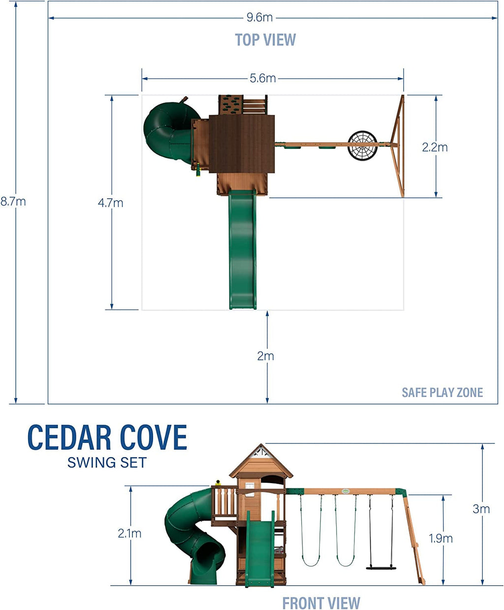 , Cedar Cove Wood Swing Set, Playground Fort, Chalkboard, Telescope, Dual Slide, Kitchenette, Wide Swing Lanes, 5Ft Rock Wall, Step Ladder